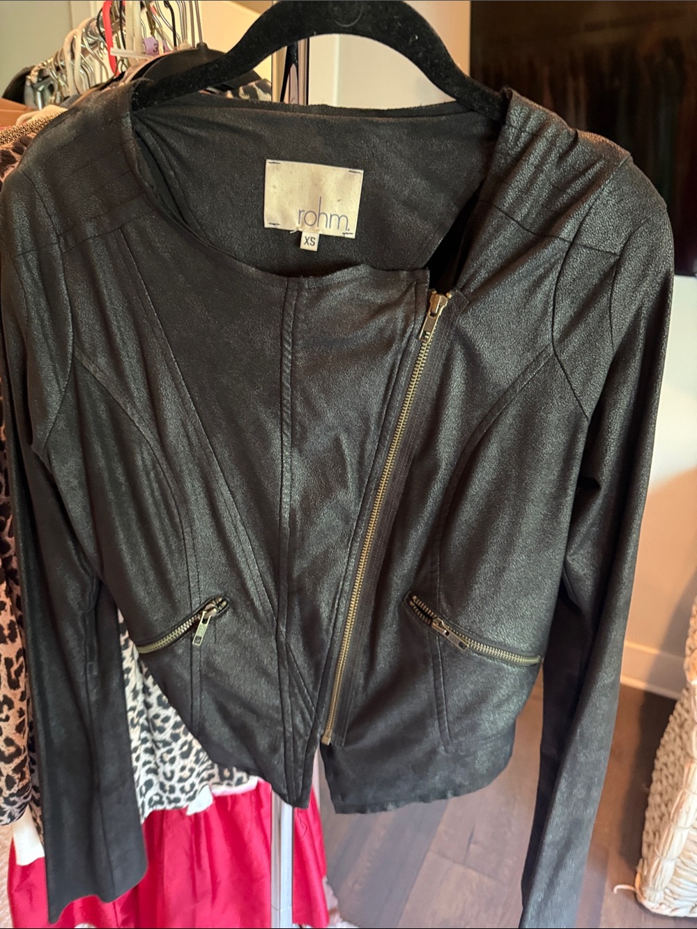 Rohm Black Faux Leather Zip-Front Moto Jacket